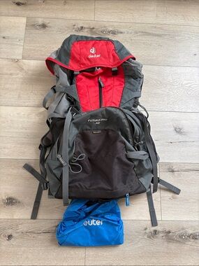 EUC Deuter Futura Pro 42 Men’s Hiking Backpack in Red and Gray rain cover